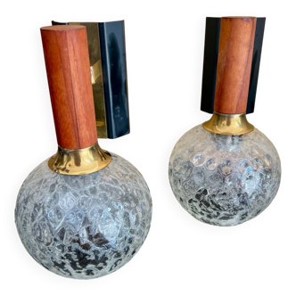 Pair of wall lights with blown glass balls, metal and teak from the 50s
