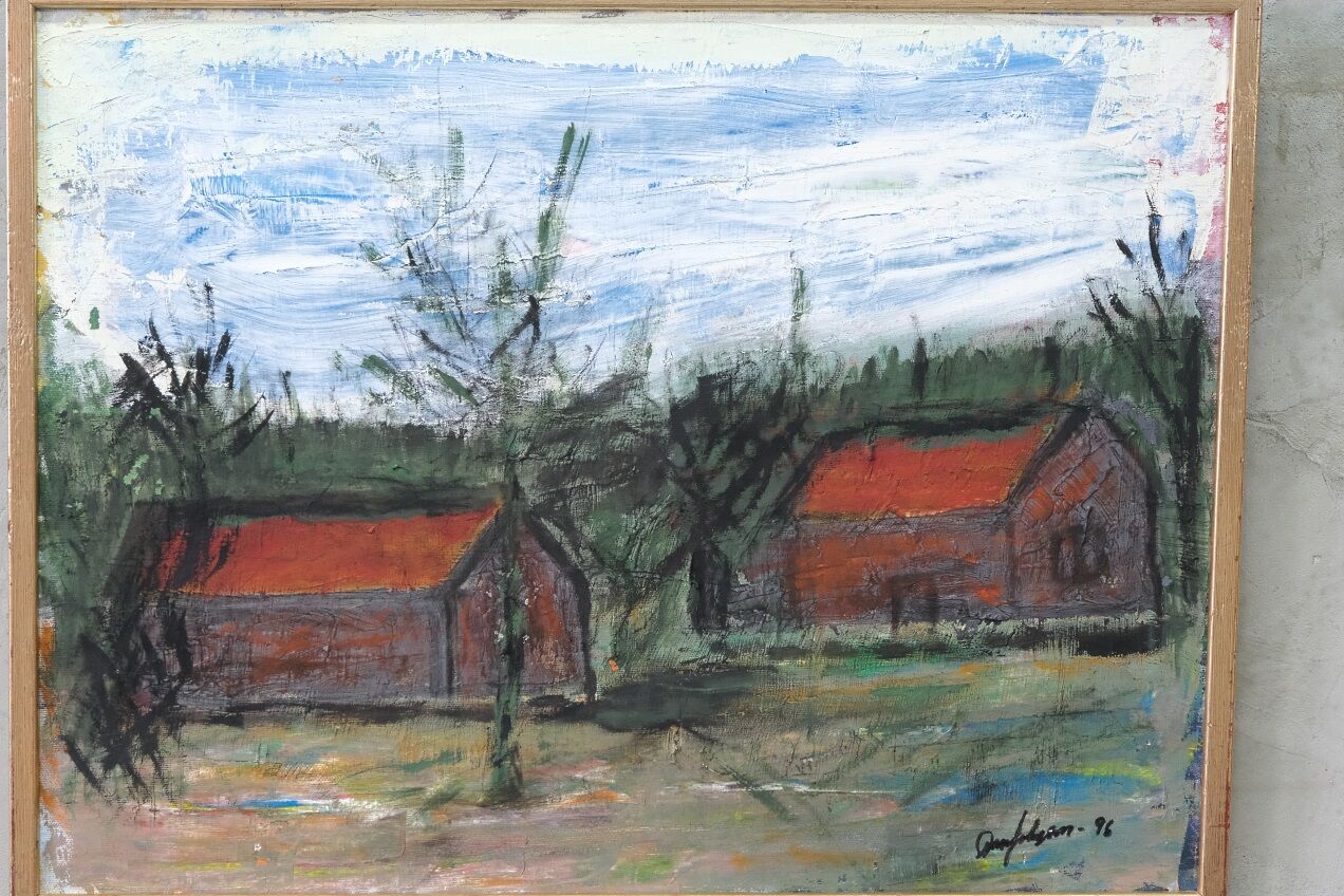 Scandinavian modern painting, signed,  1990s, oil on canvas, framed