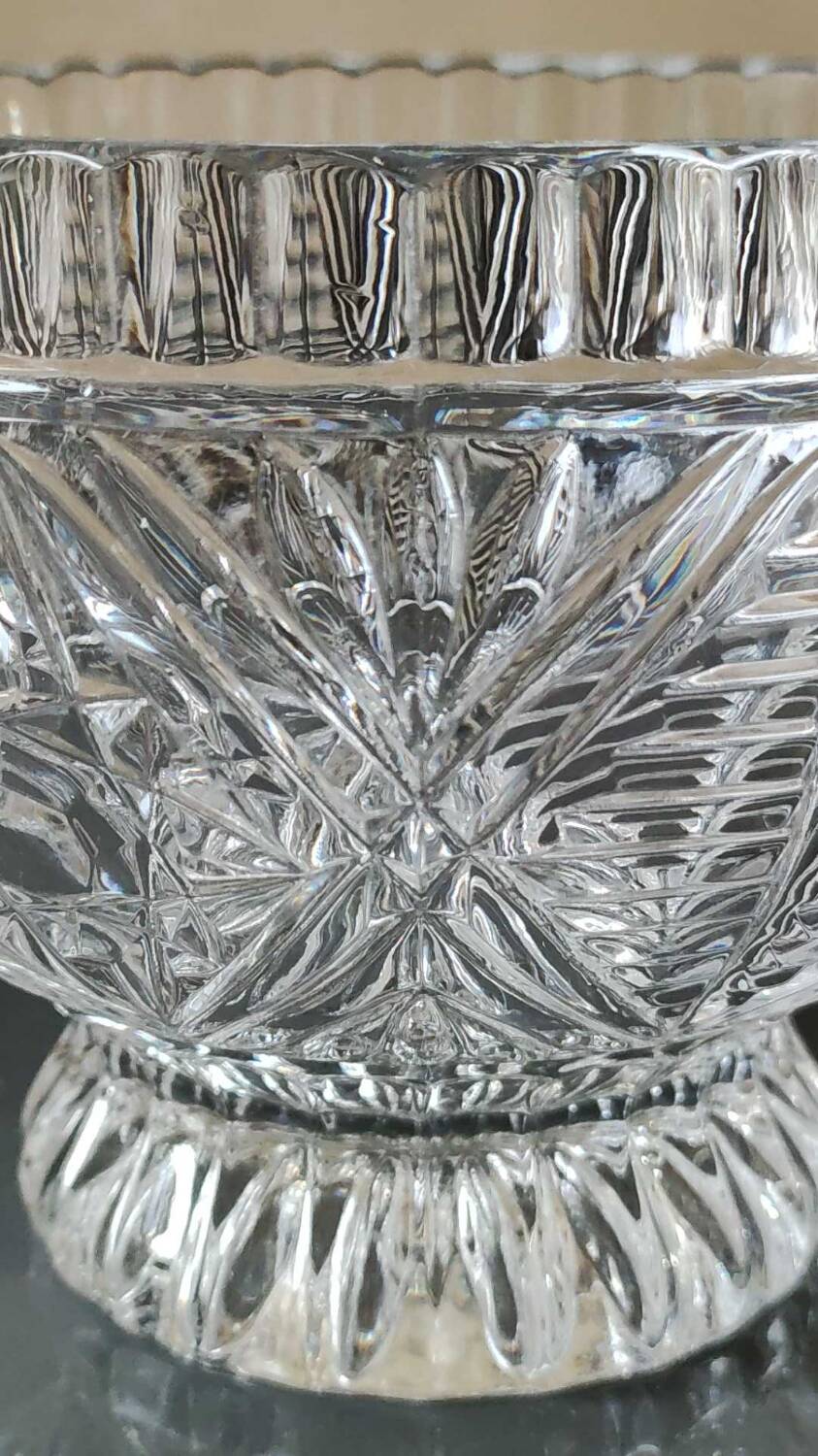 Molded crystal candy cup/dish/boho chic. art deco. starry/cross/leafy patterns, petals