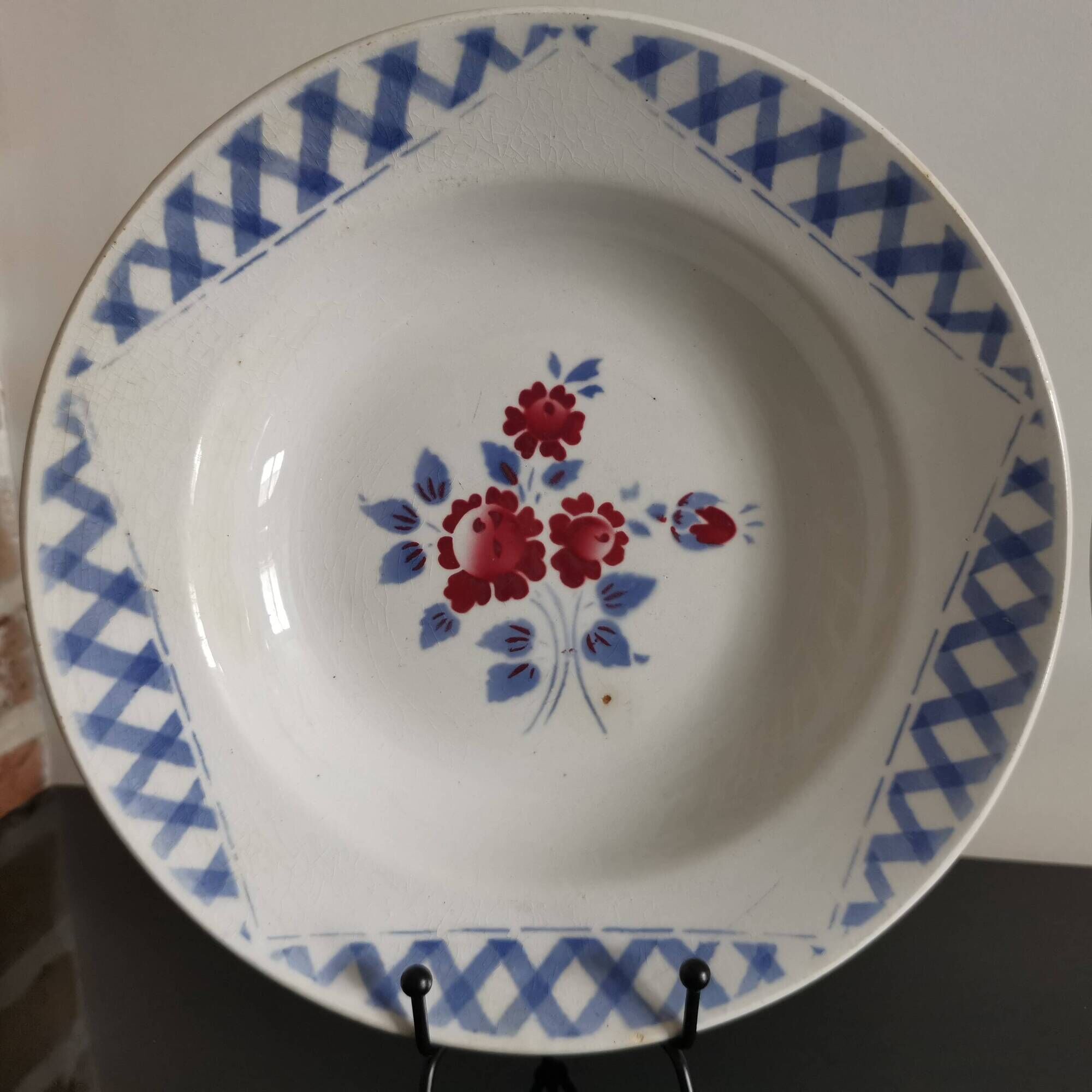 Set of 2 soup plates, Henri model, blue and red flowers Lunéville