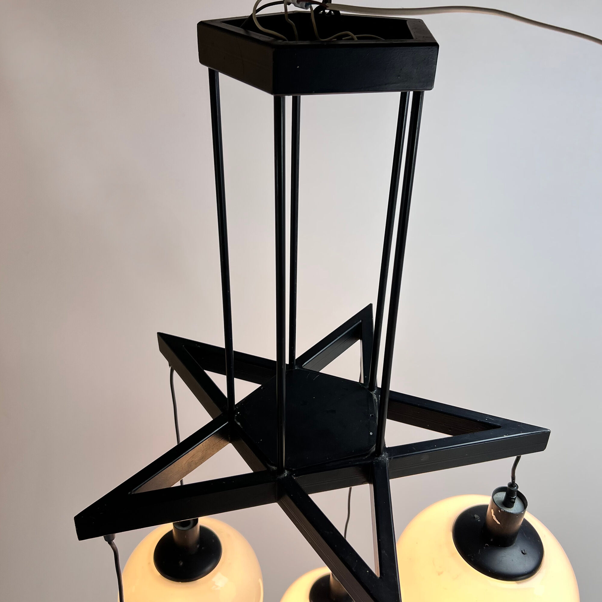 Mid century hanging lamp with 5 white bols, 1970s