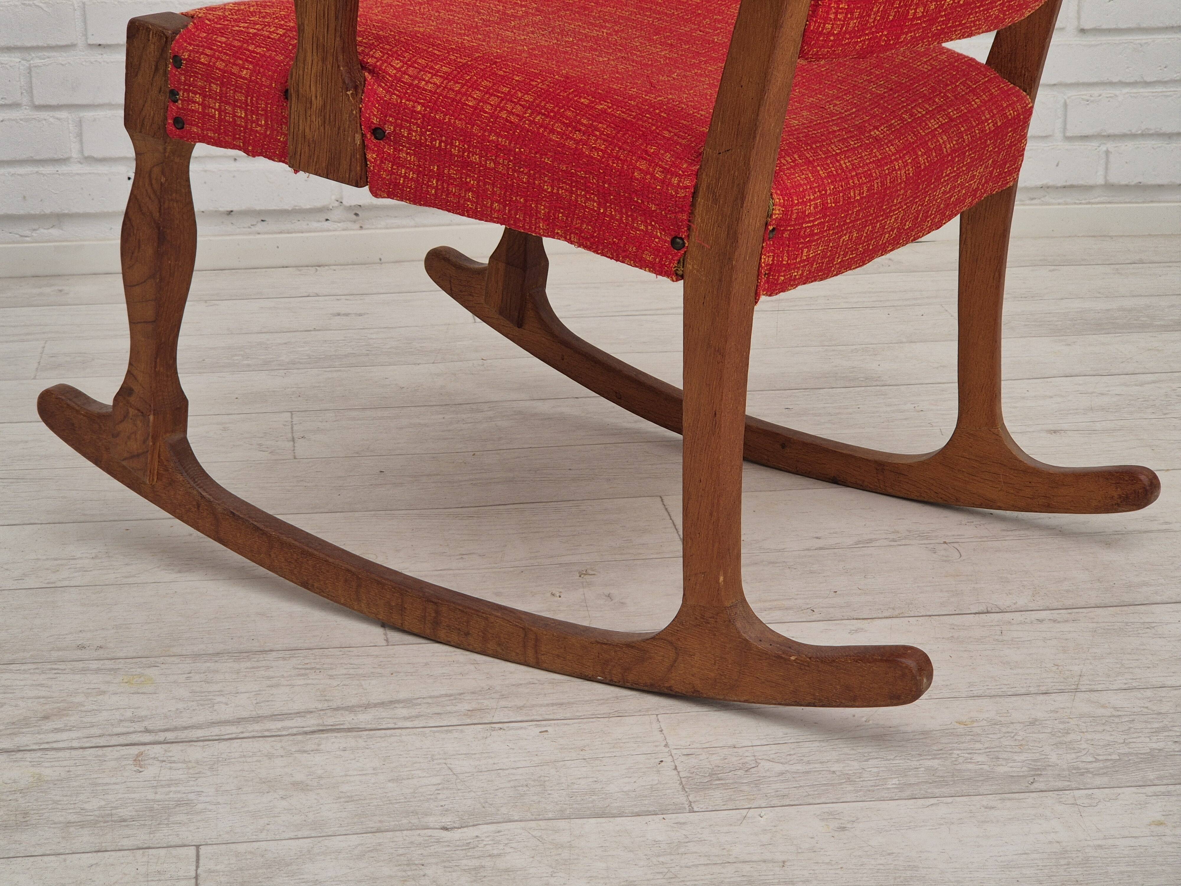 11960s, Danish rocking chair, original good condition, solid oak wood, furniture wool fabric.