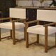 Pair of brutalist armchairs in oak and cream boucle 1950s