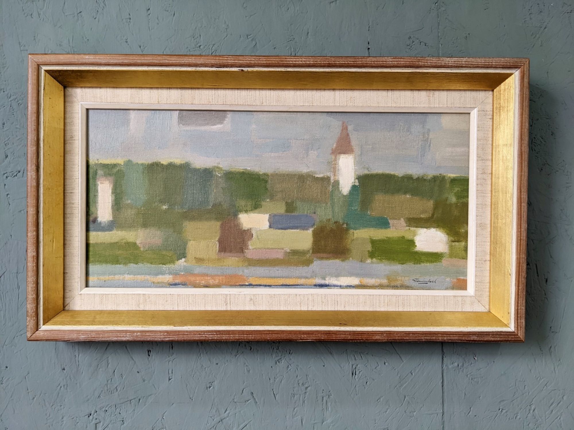 Mid-Century Modern Swedish "Houses by Nature" Vintage Landscape Oil Painting, Framed