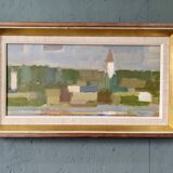 Mid-Century Modern Swedish "Houses by Nature" Vintage Landscape Oil Painting, Framed