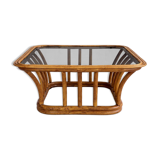 Rattan and smoked glass coffee table, vintage 1970s design.