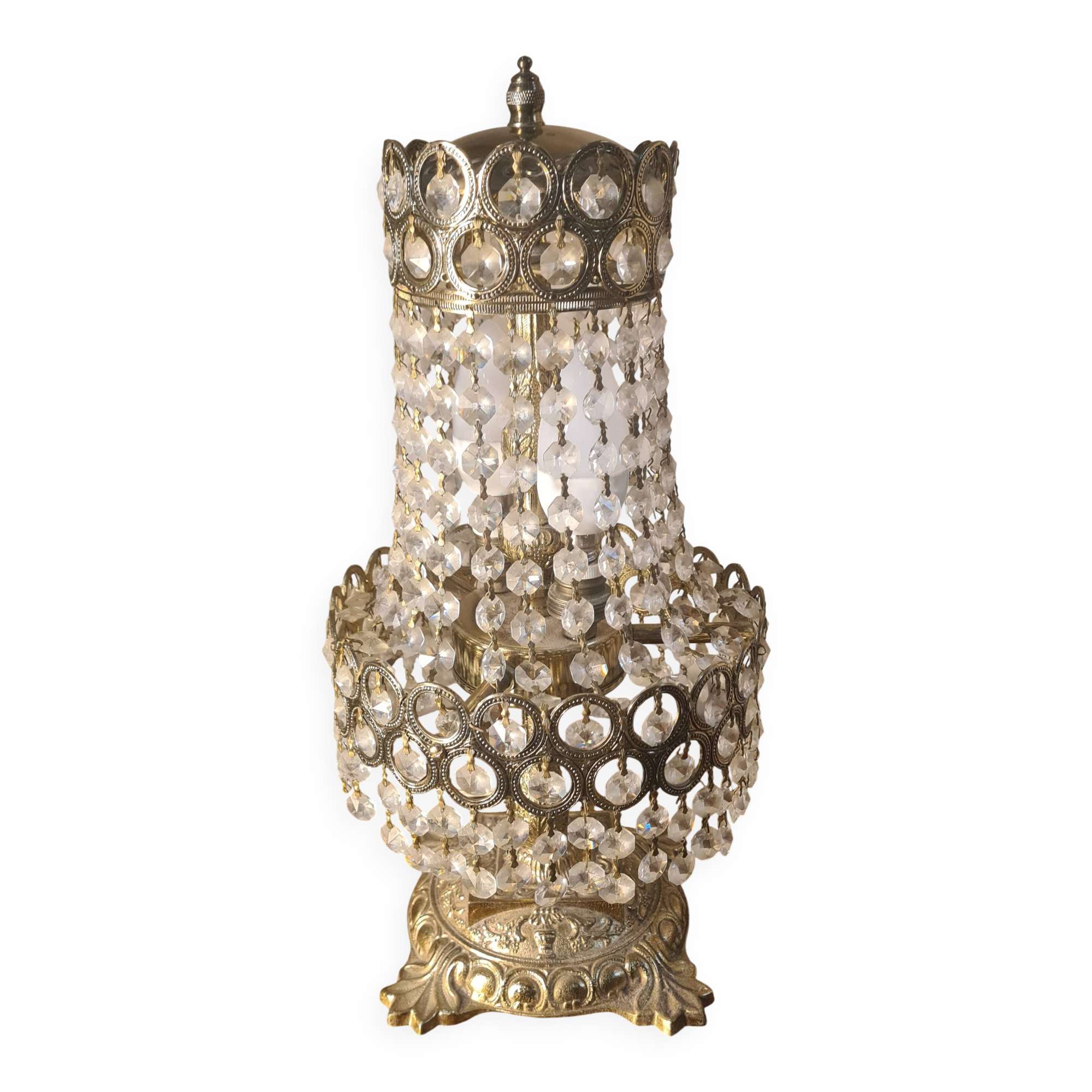 Bronze and brass table lamp 40x20 with crystal glass pendants from the 1940s to 1950s