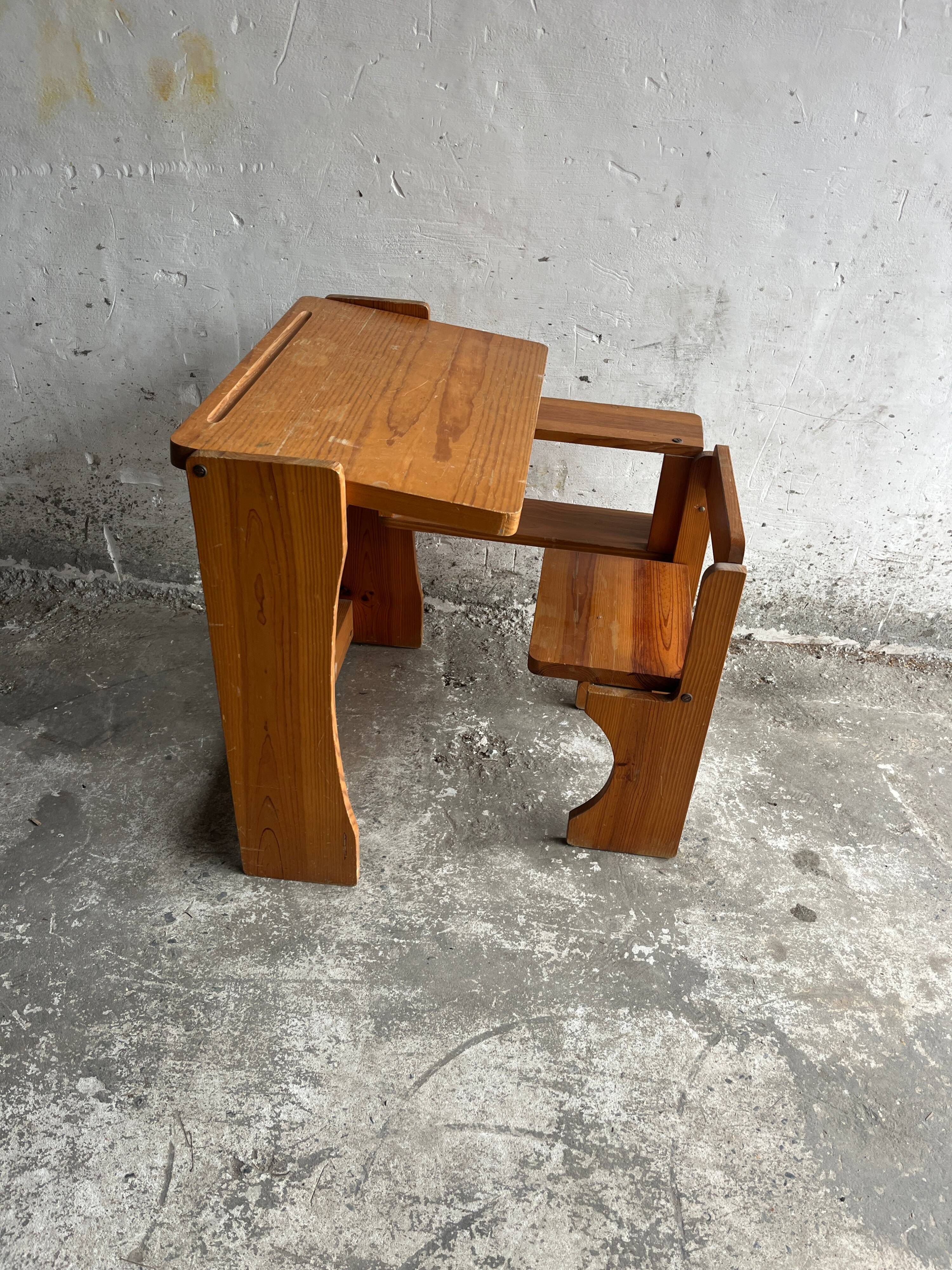Vintage wooden folding school desk with bench – 1960s