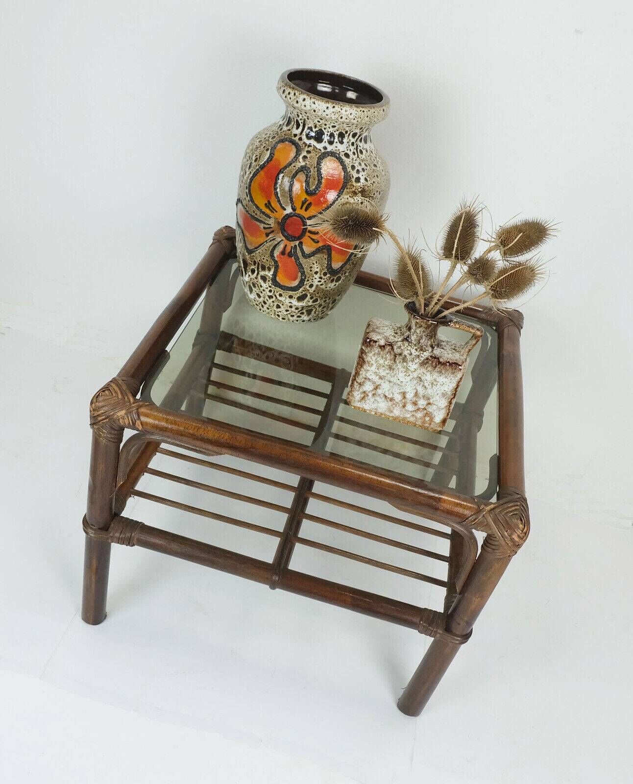 no 1 of 2: 1970s mid century SIDE TABLE coffee table bamboo wicker glass