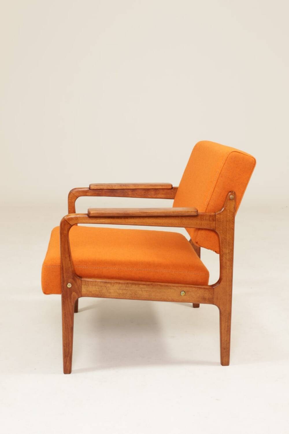 Vintage Orange Armchair Wool Upholstery Walnut Color Wood