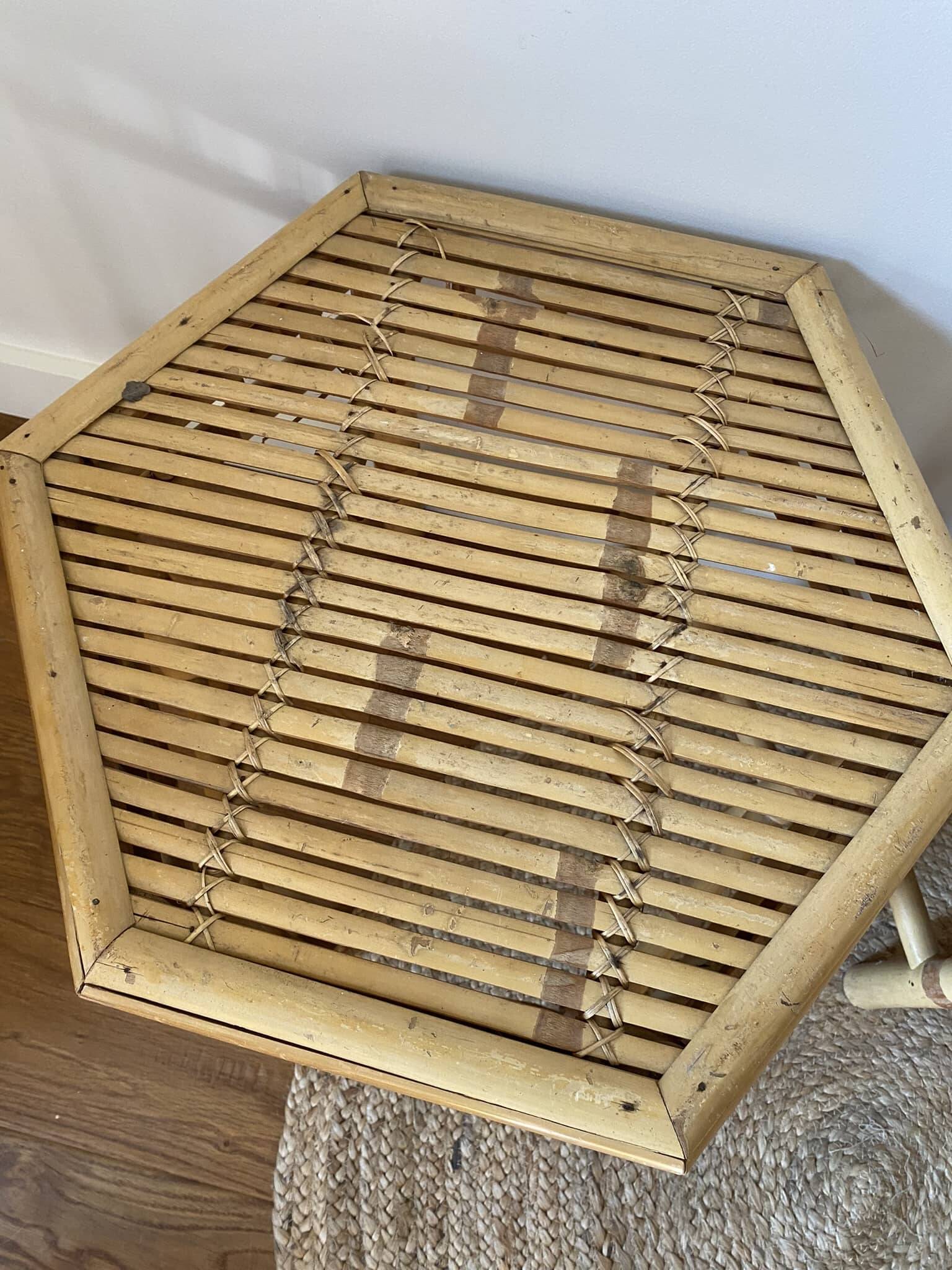 Set of three vintage rattan side tables.