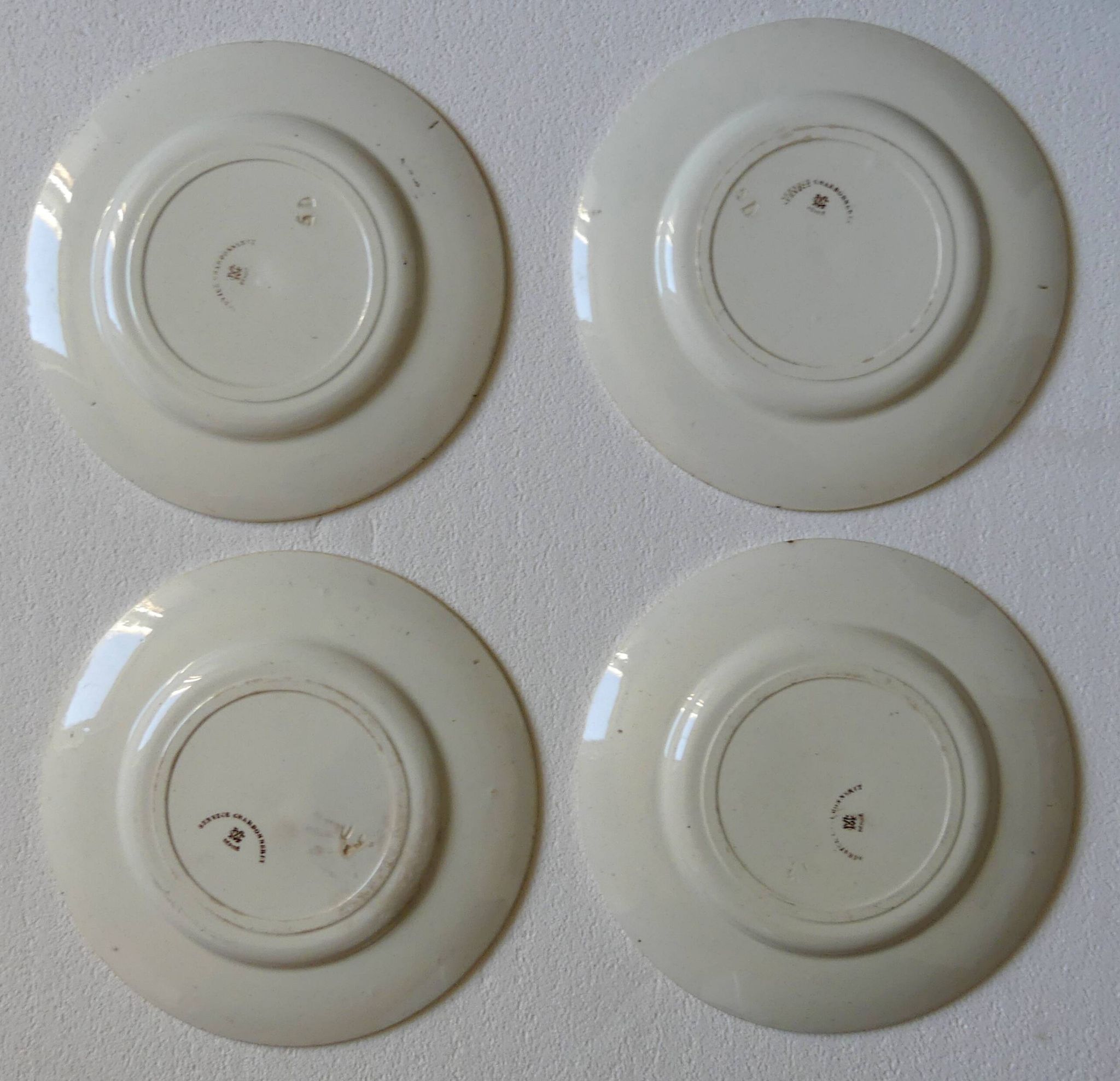4 plates creil & montereau chardonnerets model with sepia birds decor