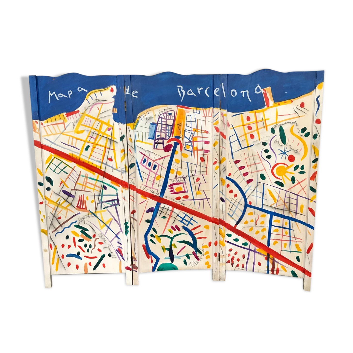 Painted wooden screen with the map of Barcelona 210 W x 170 H
