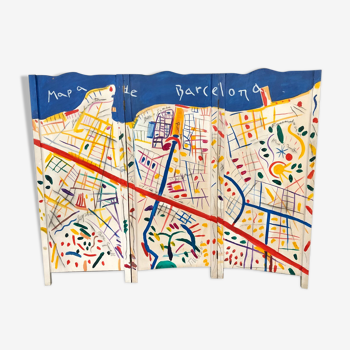 Painted wooden screen with the map of Barcelona 210 W x 170 H