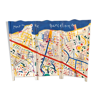 Painted wooden screen with the map of Barcelona 210 W x 170 H