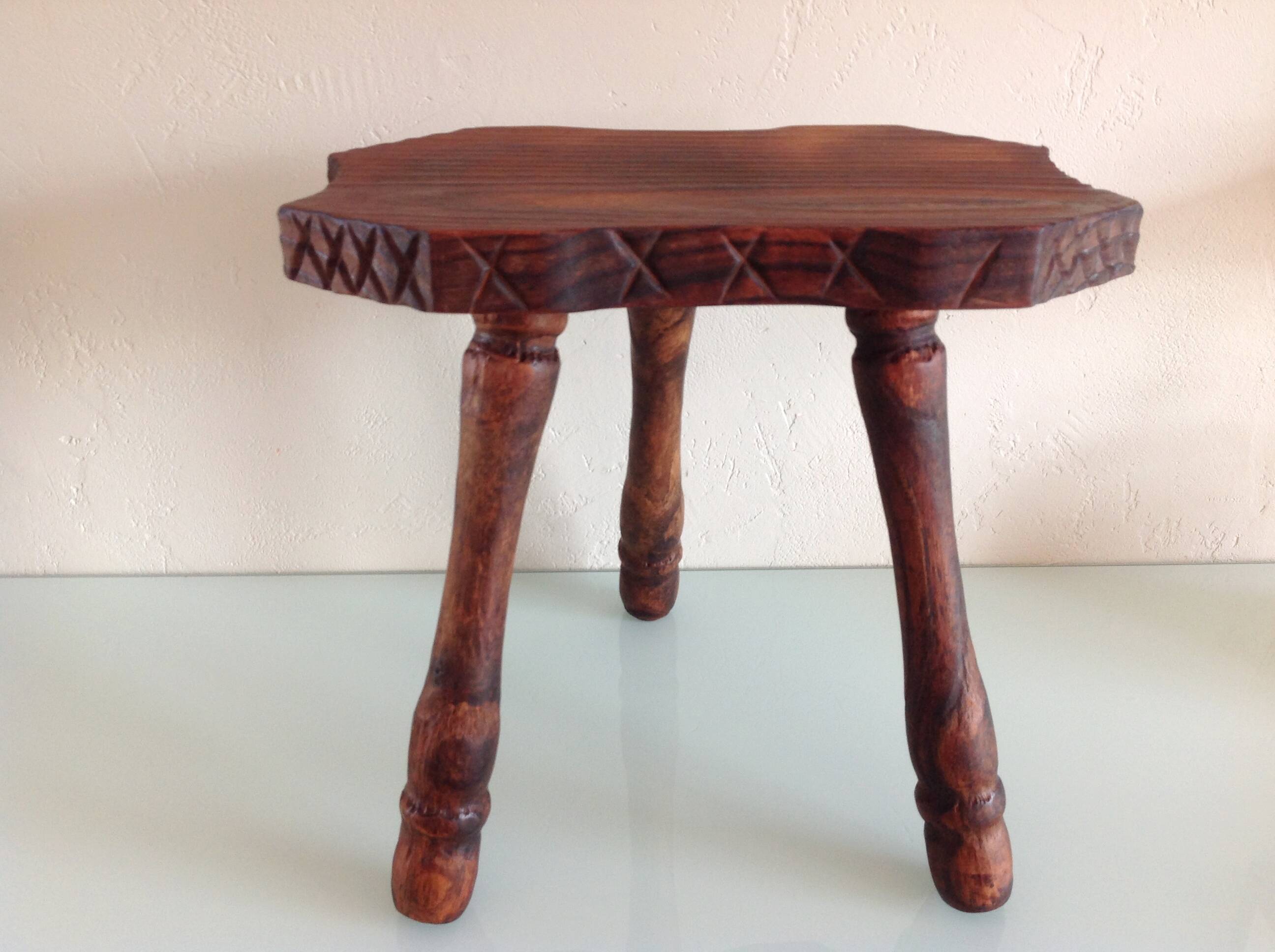Vintage brutalist wooden tripod stool from the 60s and 70s