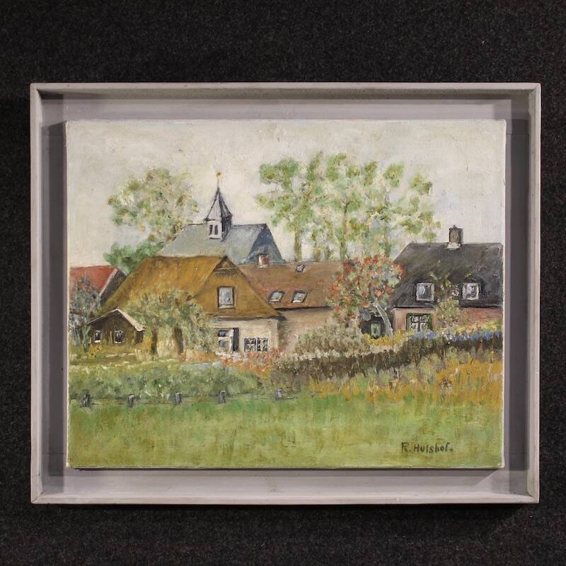 Peinture néerlandaise d'une vue de maisons dans le style impressionniste.