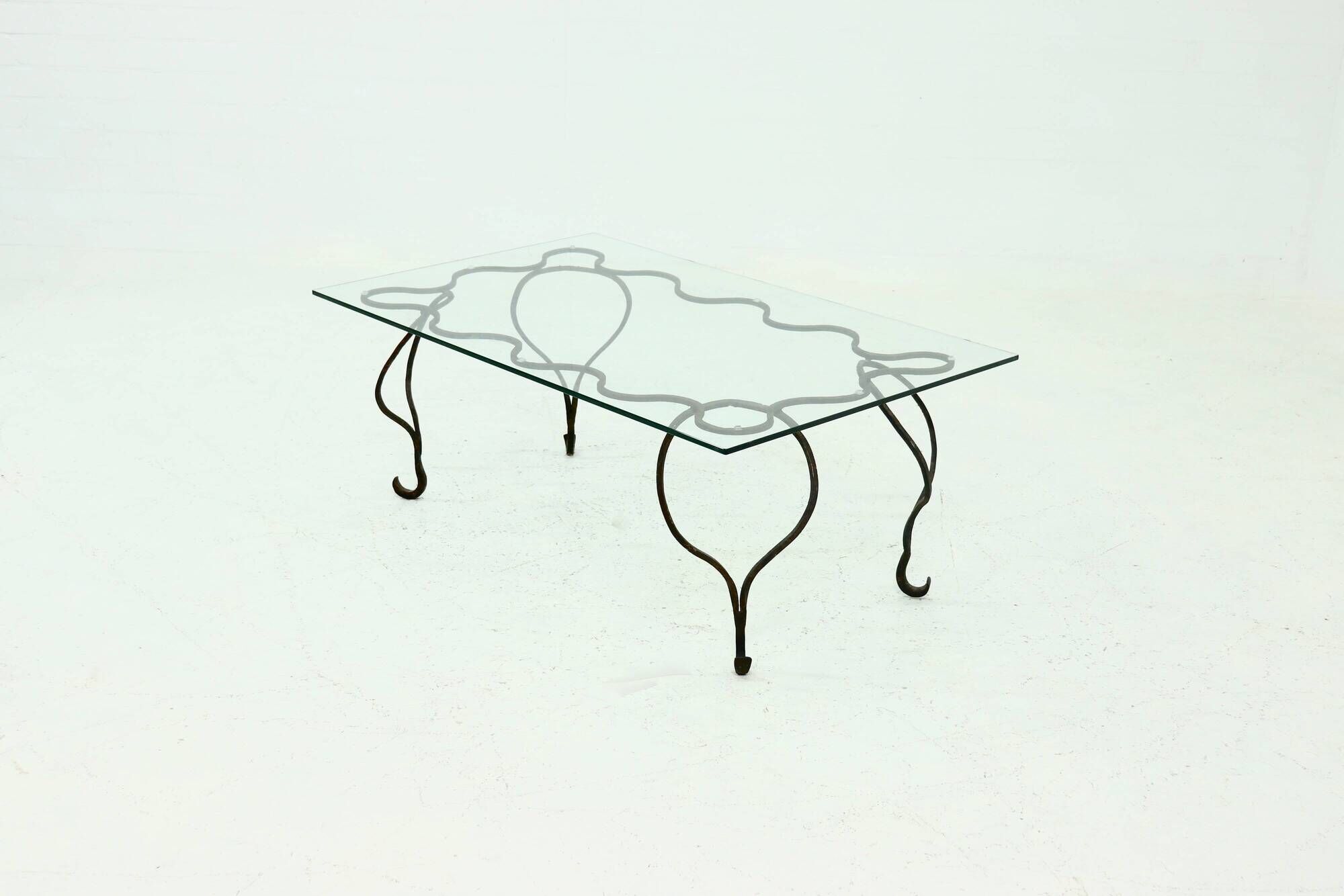 Coffee Table with Decorative Forged Steel Base and Glass Top 1960s