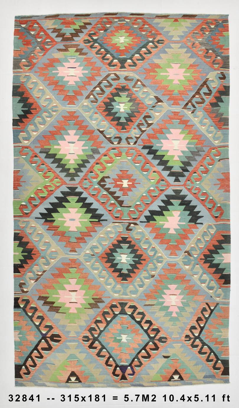 6x10 Light Blue & Green Goemetric Kilim Rug, Handmade Wool Bedroom Carpet