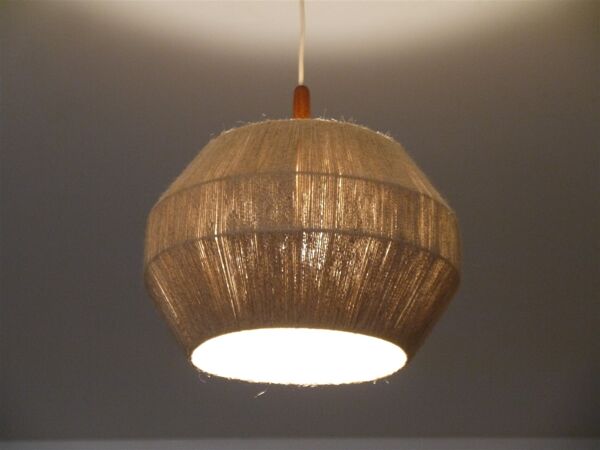 Suspension vintage teck et corde 1960