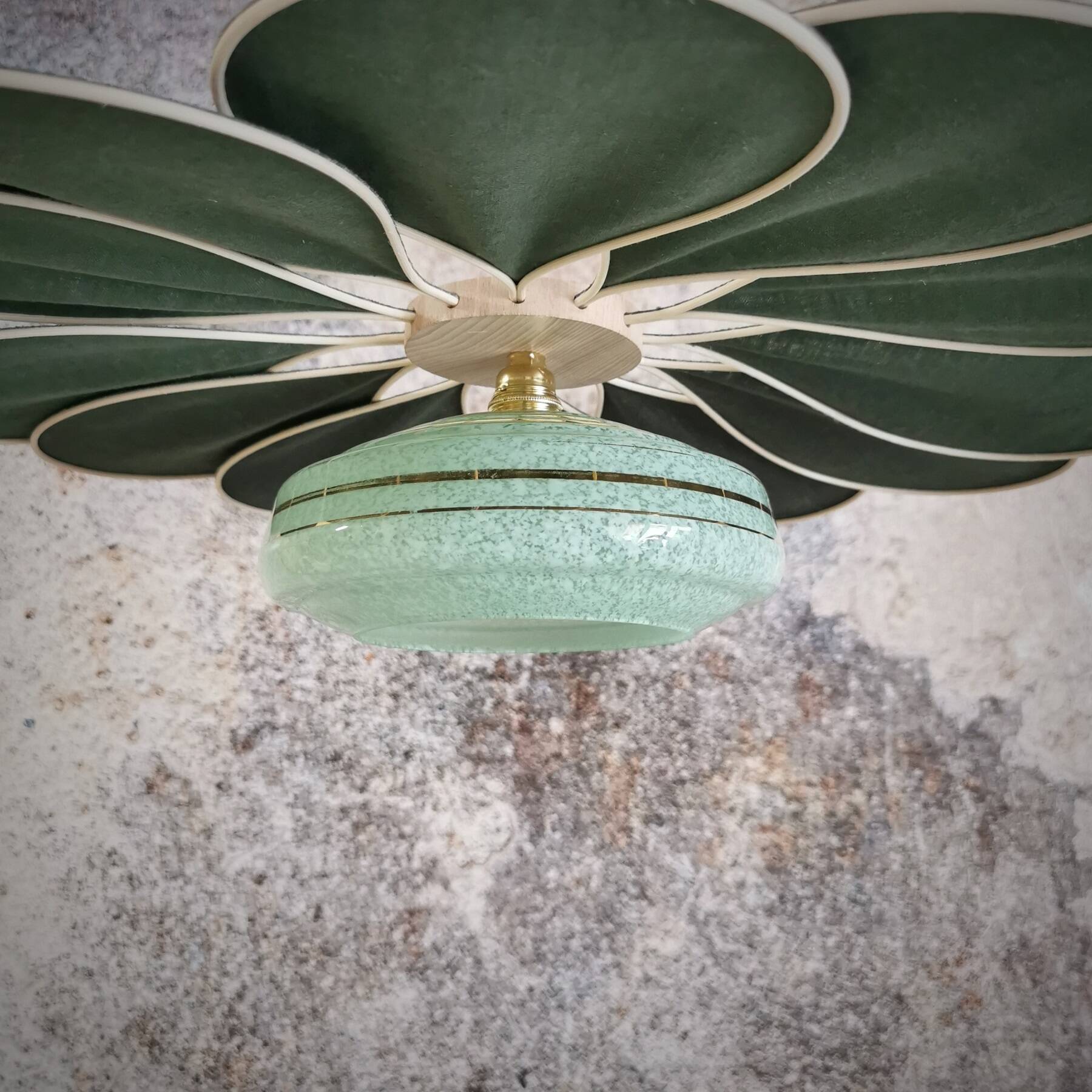 Rattan and Green Linen Flower Pendant Light and Vintage Clichy Glass Globe
