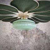 Rattan and Green Linen Flower Pendant Light and Vintage Clichy Glass Globe