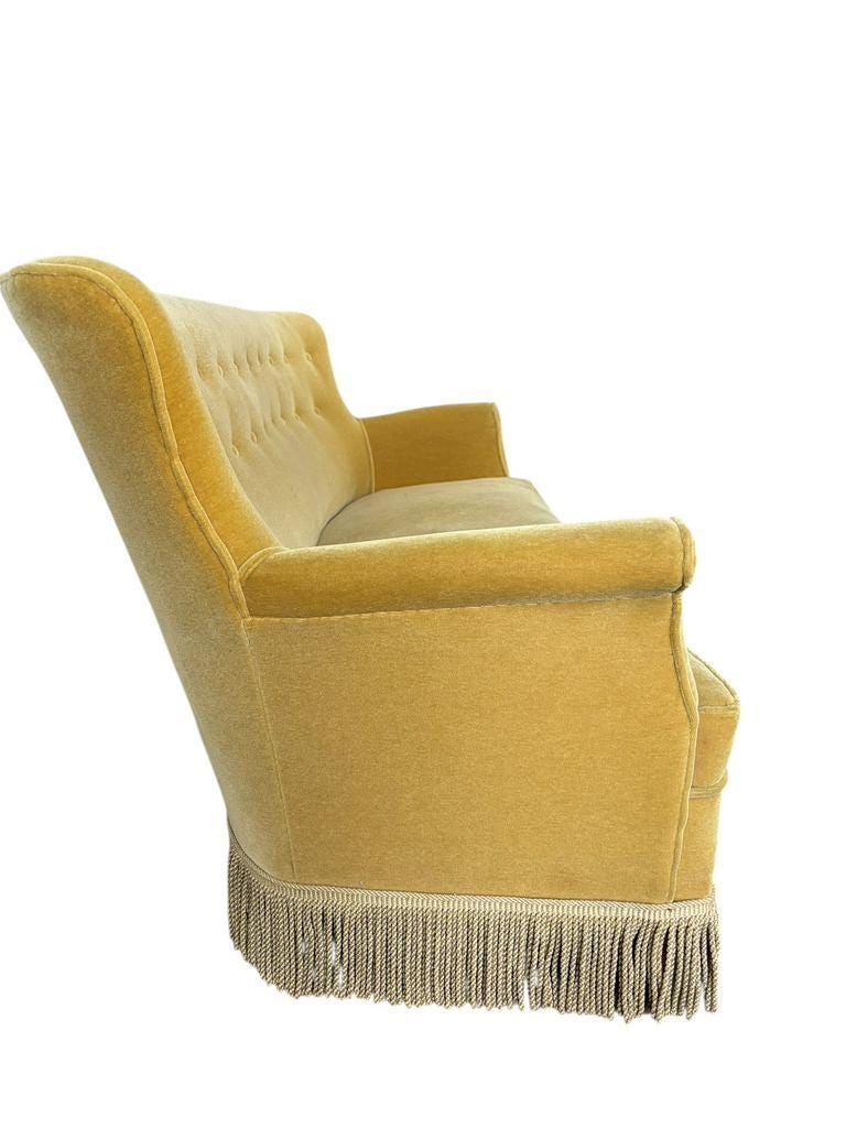 Vintage ochre yellow sofa / three-seater with fringes
