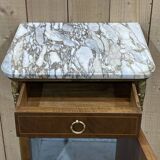 Bedside table in marquetry and white marble top, early 20th century
