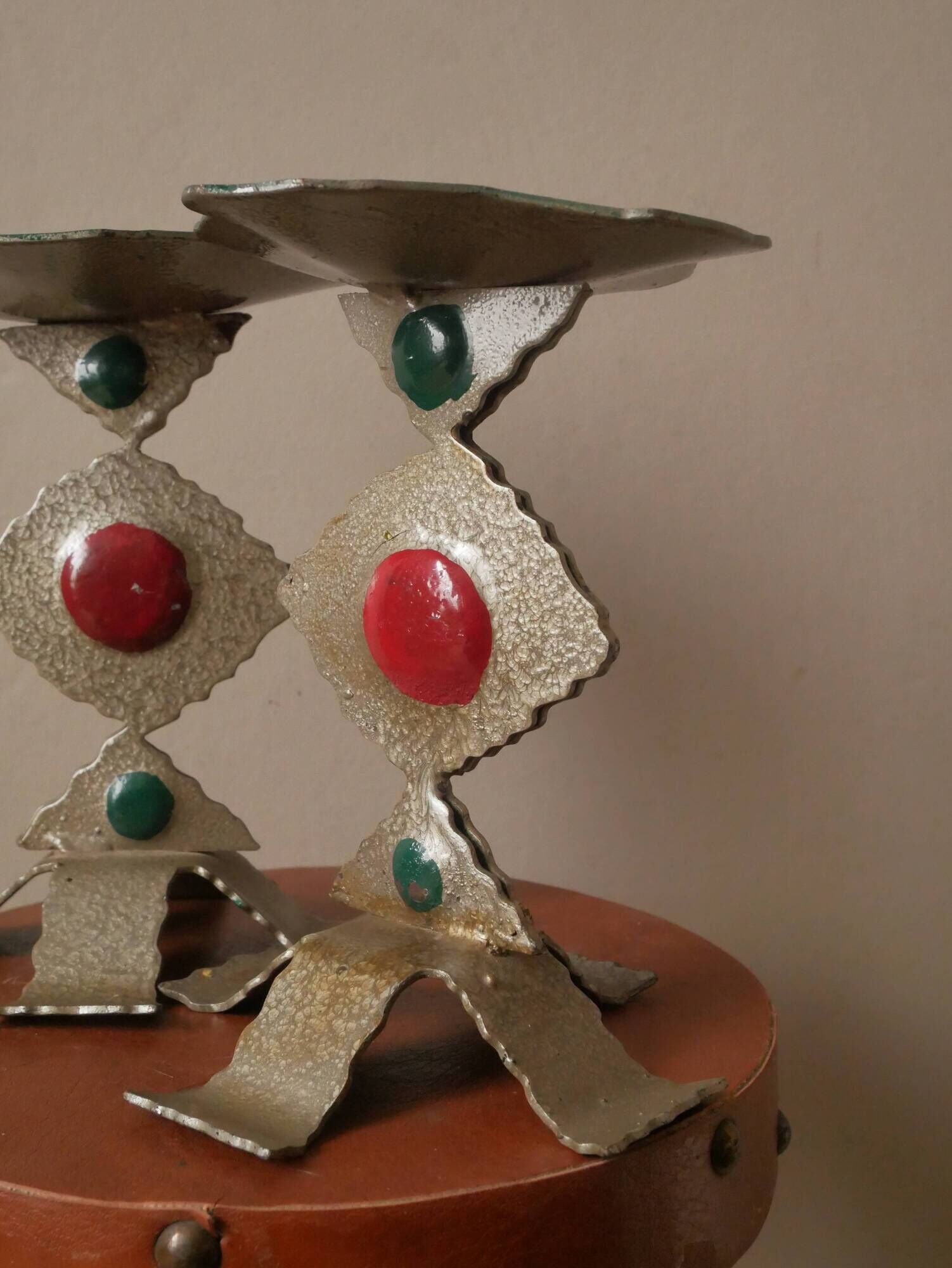 Pair of painted metal candle holders artisanal handmade wrought iron candelabra candlestick