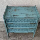 Vintage chest of drawers wood and rattan patina turquoise 1950