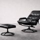 Vintage Mid-Century Danish Modern Black Leather Swivel Chair and Ottoman