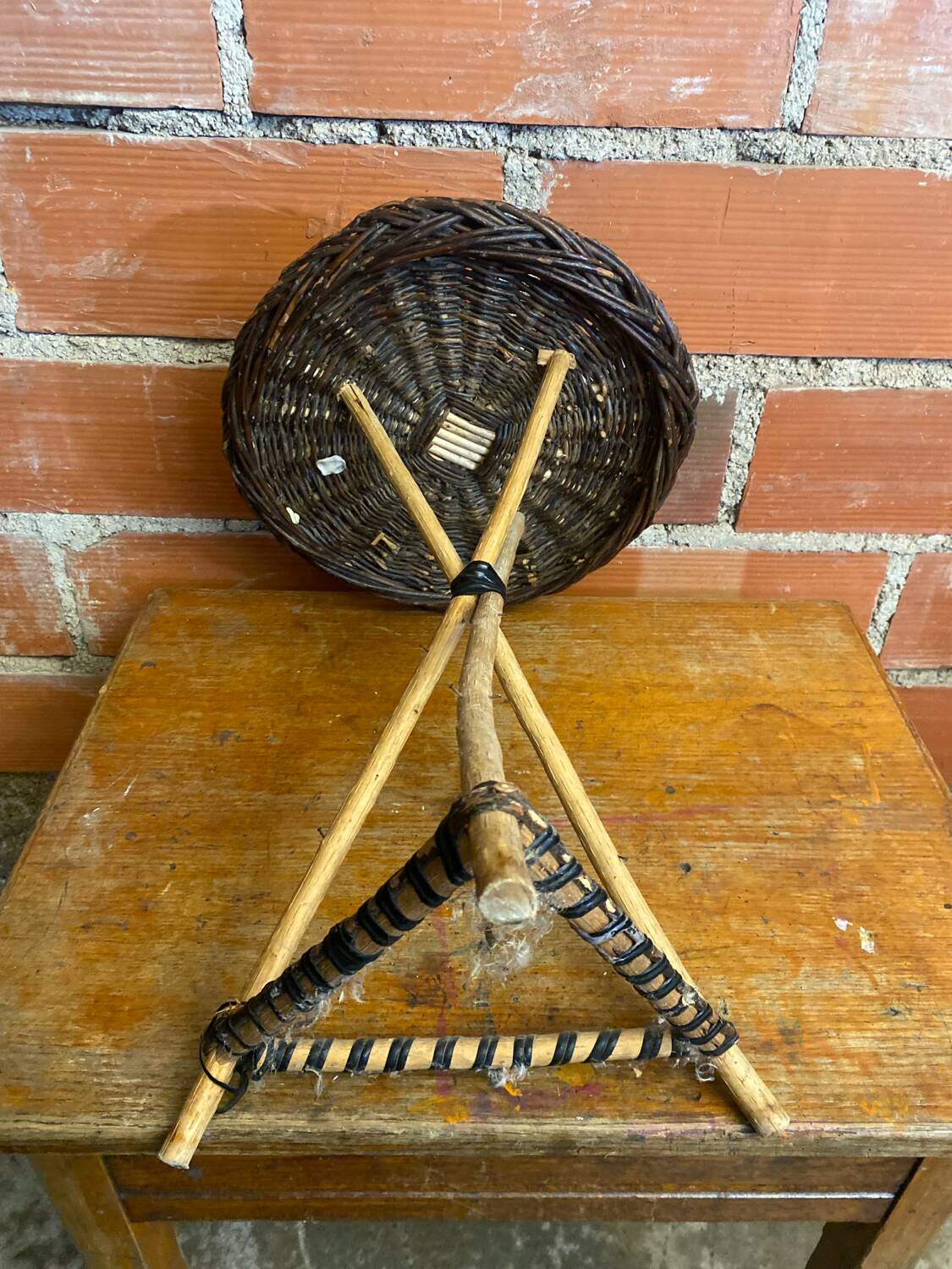Vintage wooden tripod side table + woven wicker top
