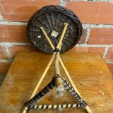 Vintage wooden tripod side table + woven wicker top