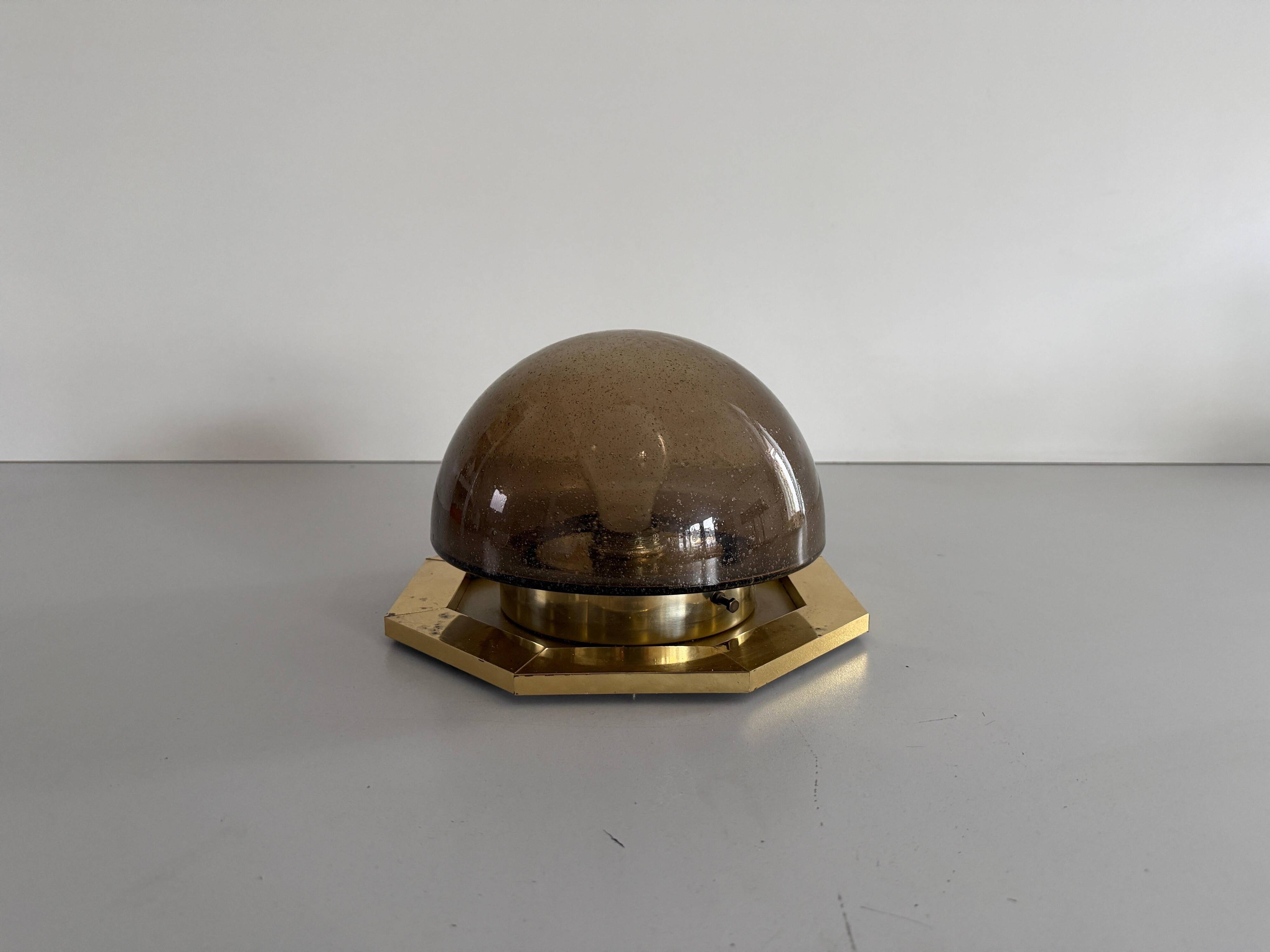 Octagonal ceiling light in brown glass and brass base by Limburg, 1960s, Germany.