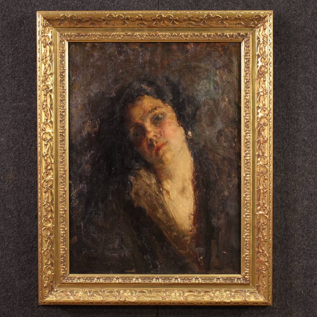 Peinture de portrait féminin impressionniste italien du 19e siècle