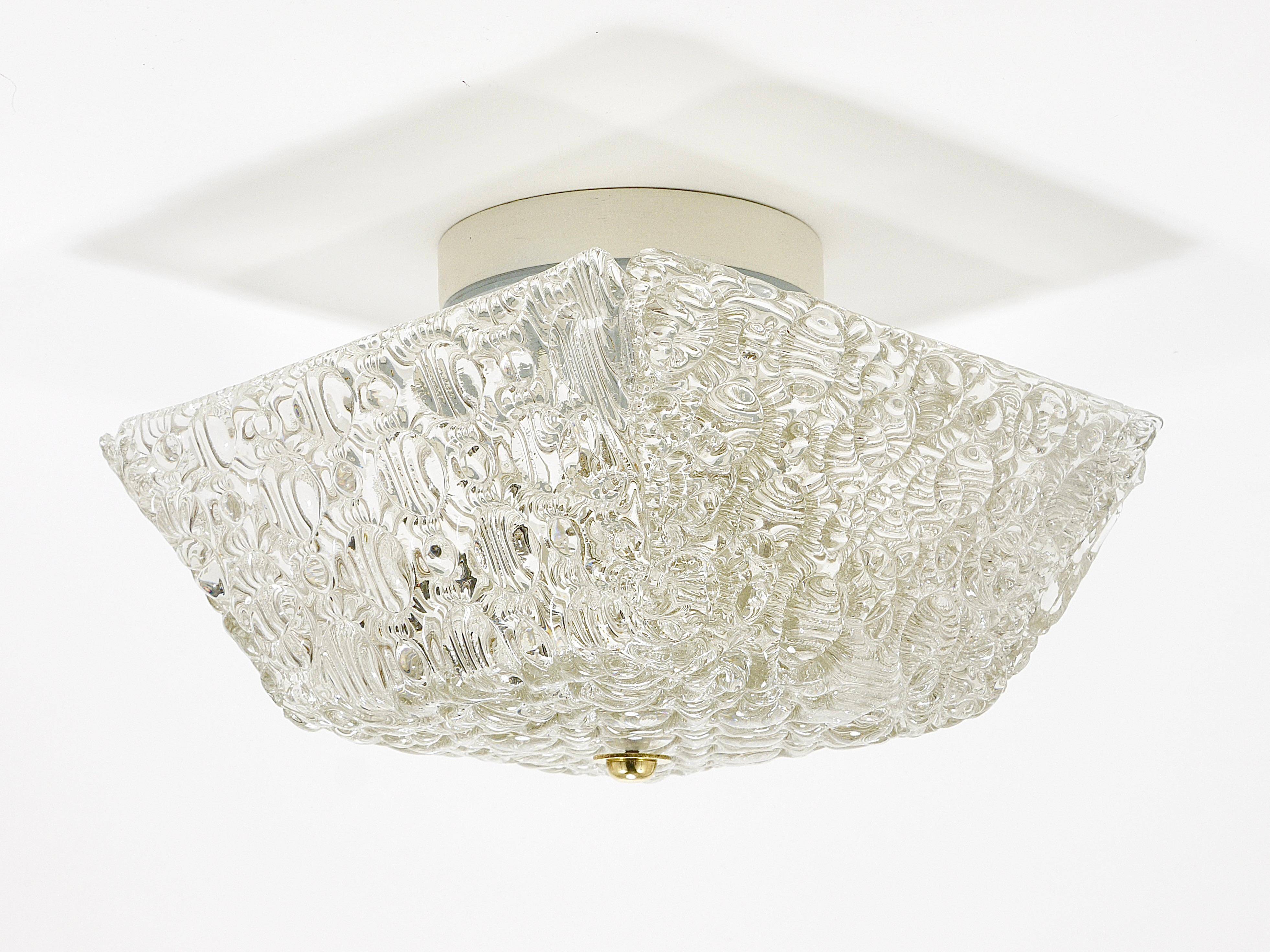 J.T. Kalmar Square Applique Ceiling Light in Brass and Textured Glass, 1950s