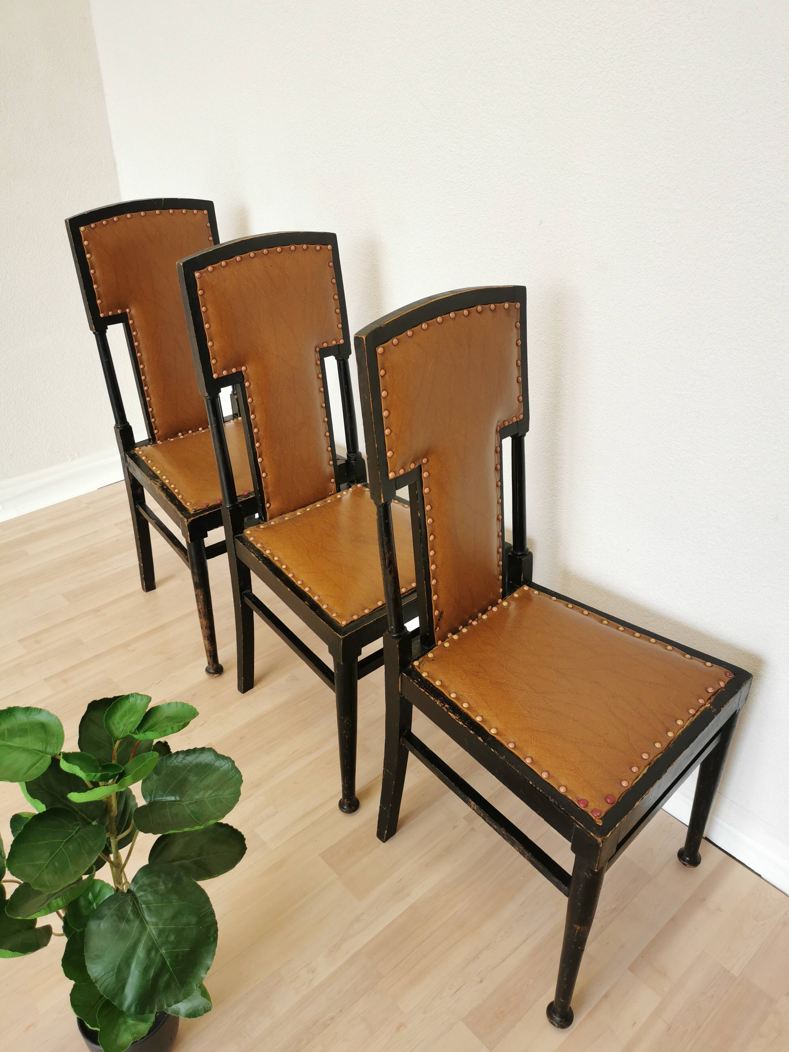 Set of 3 Vintage Dining Chairs: High Back, Leather Seat, Nailhead Trim
