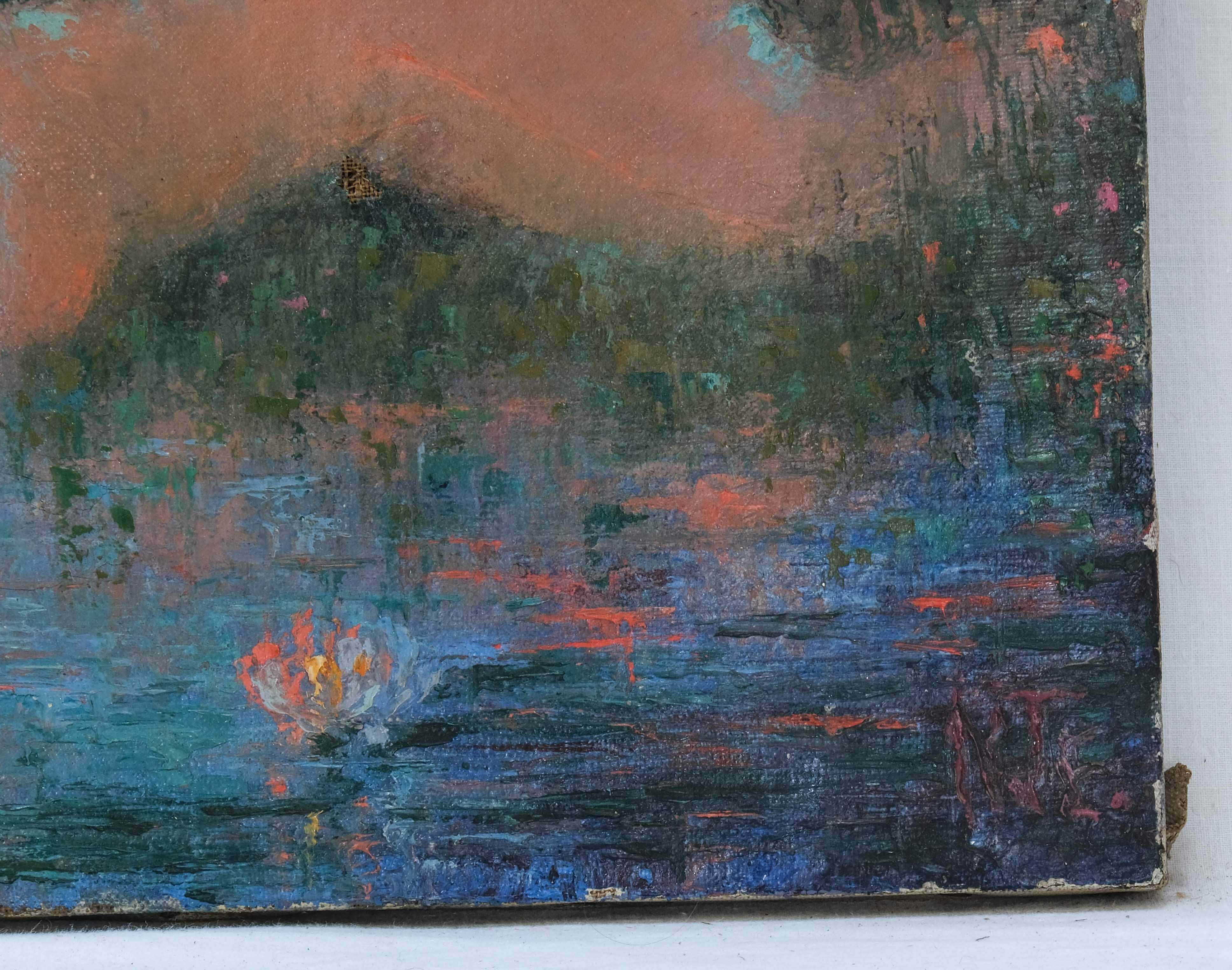 Painting of nude women in an orange landscape.