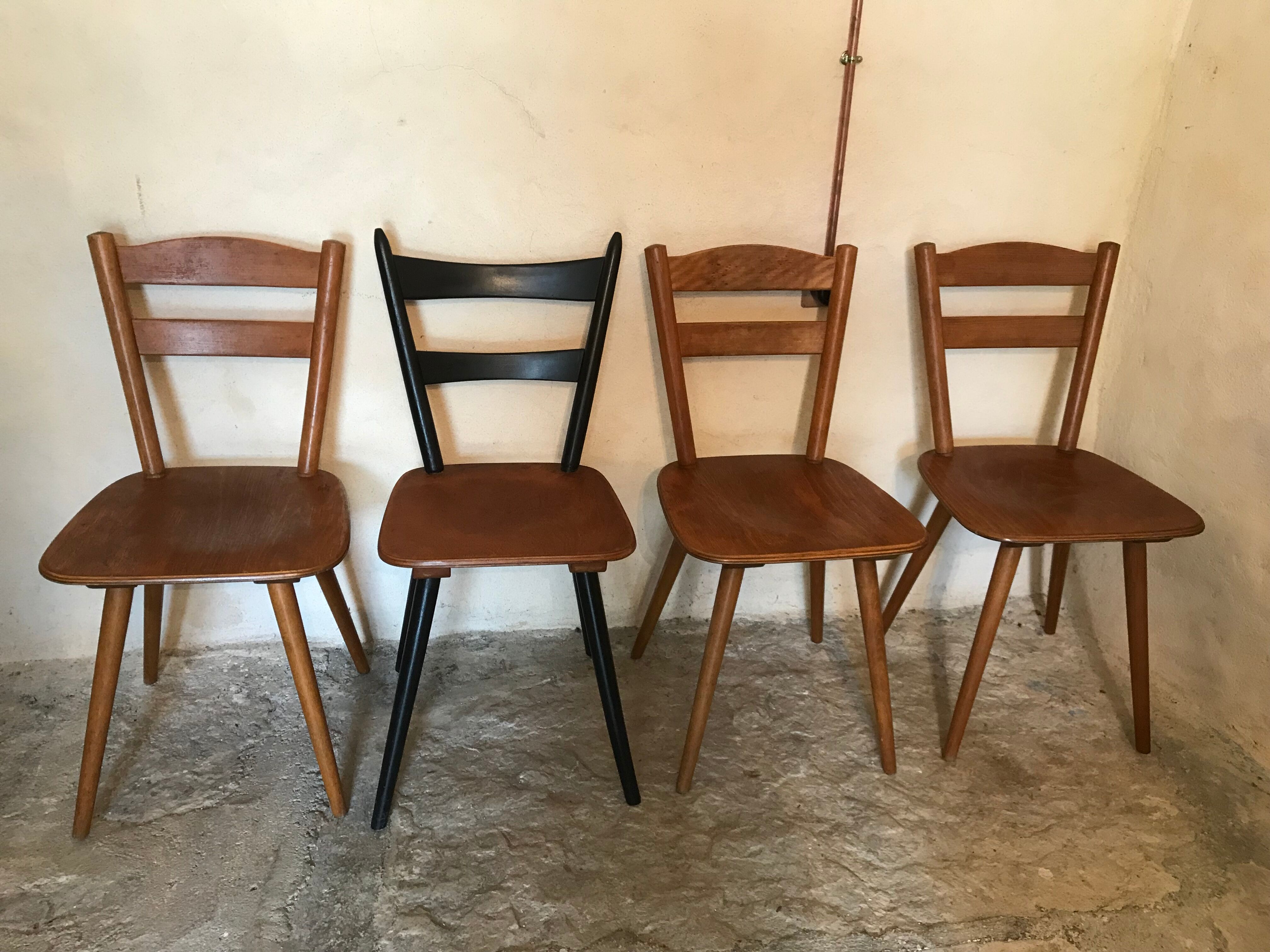 Set of 4 mismatched vintage chairs compass legs
