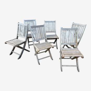 6 chaises de terrasse pliante en teck grisé vintage