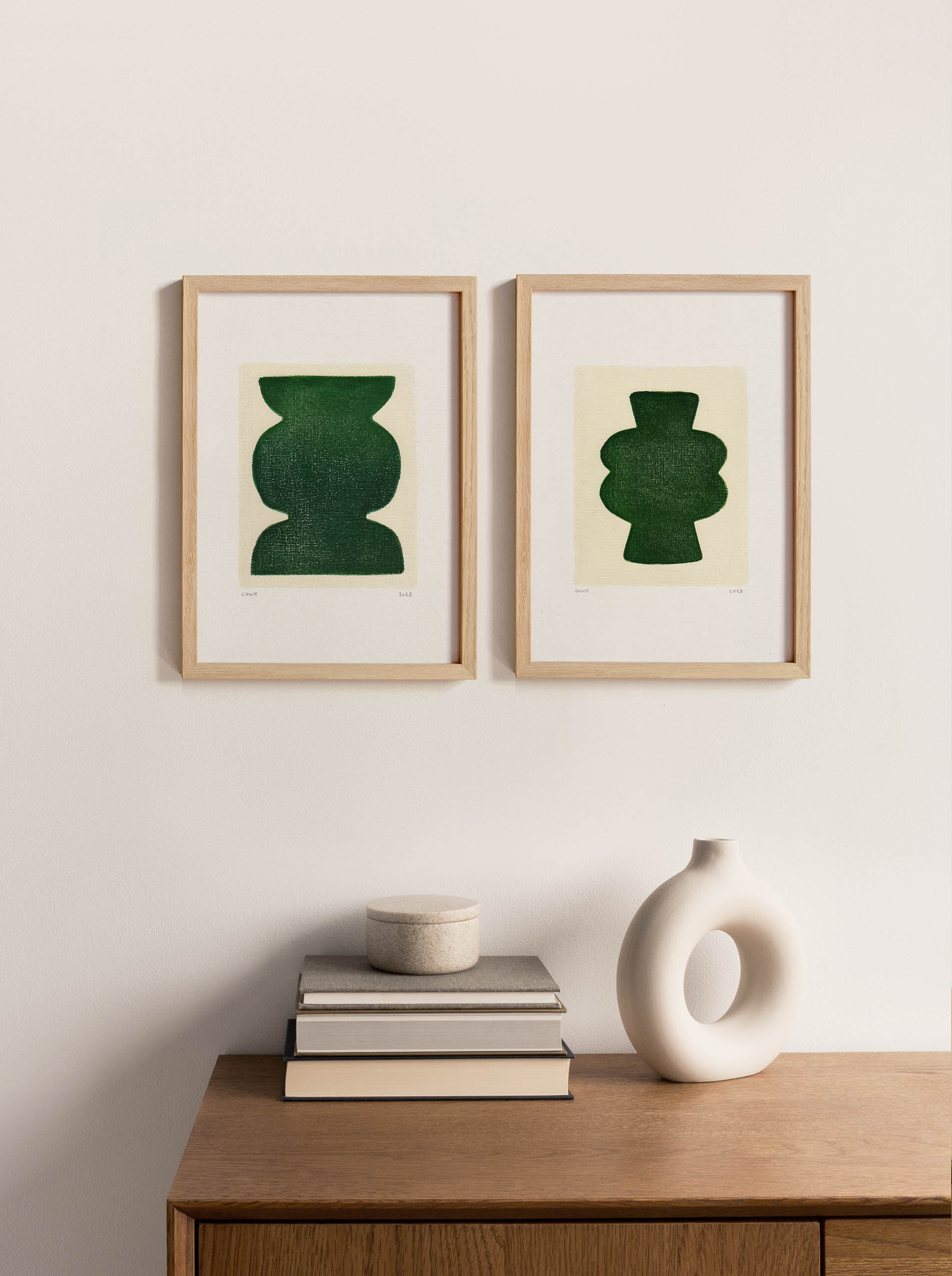 Duo of paintings on paper - pow and mood - dark green - signed eawy
