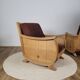 Pair of "Corbeille" armchairs in solid oak and chocolate velvet – S