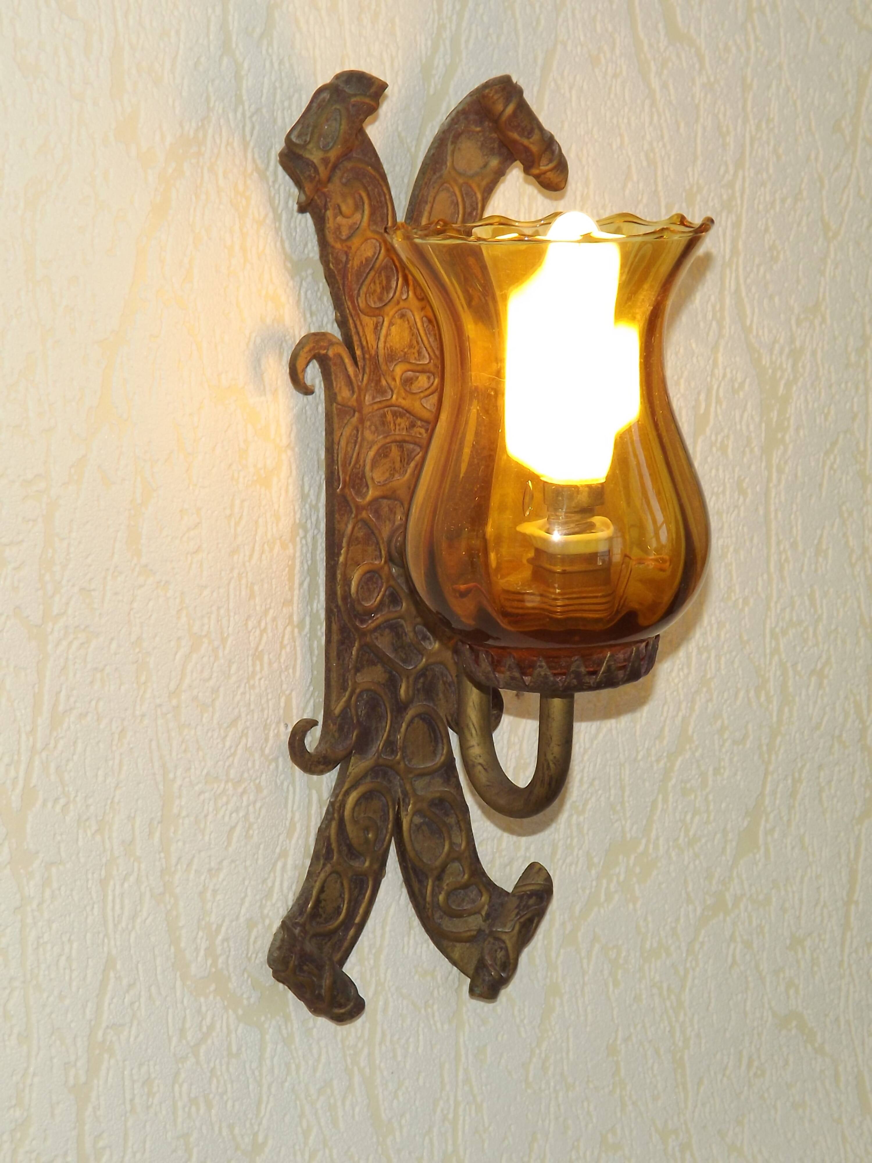 Pair of Hand Forged Wrought Iron Medieval Style Wall Lights with Amber Shades 42