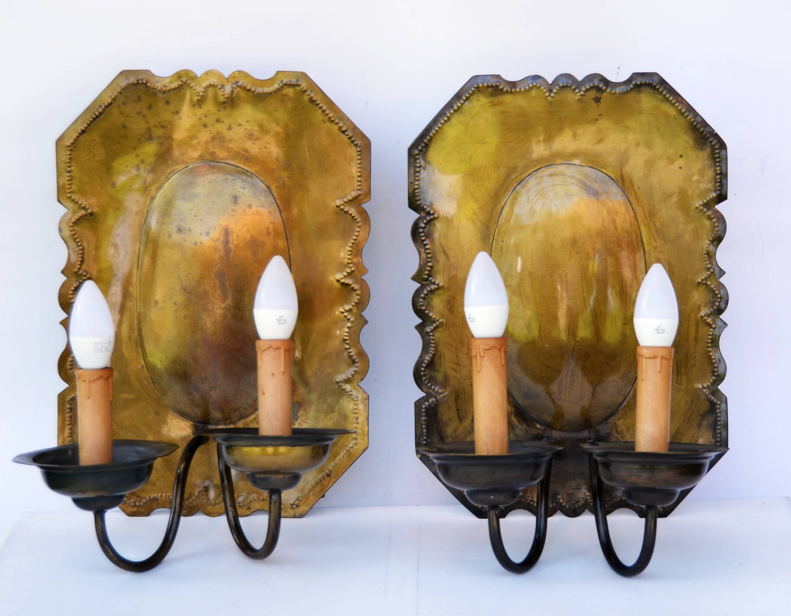 Pair of Dutch Sconces Repusse Brass Two Light Wall Moun