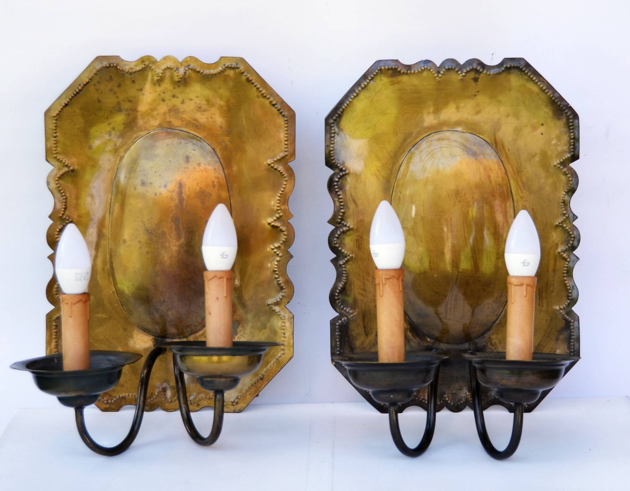 Pair of Dutch Sconces Repusse Brass Two Light Wall Moun