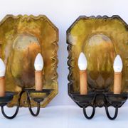 Pair of Dutch Sconces Repusse Brass Two Light Wall Moun