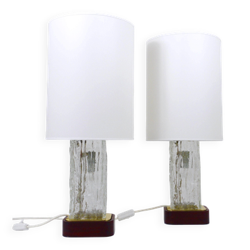 Paire de grandes lampes de table en verre de glace J.T. Kalmar « Frankenberg » avec base illuminée