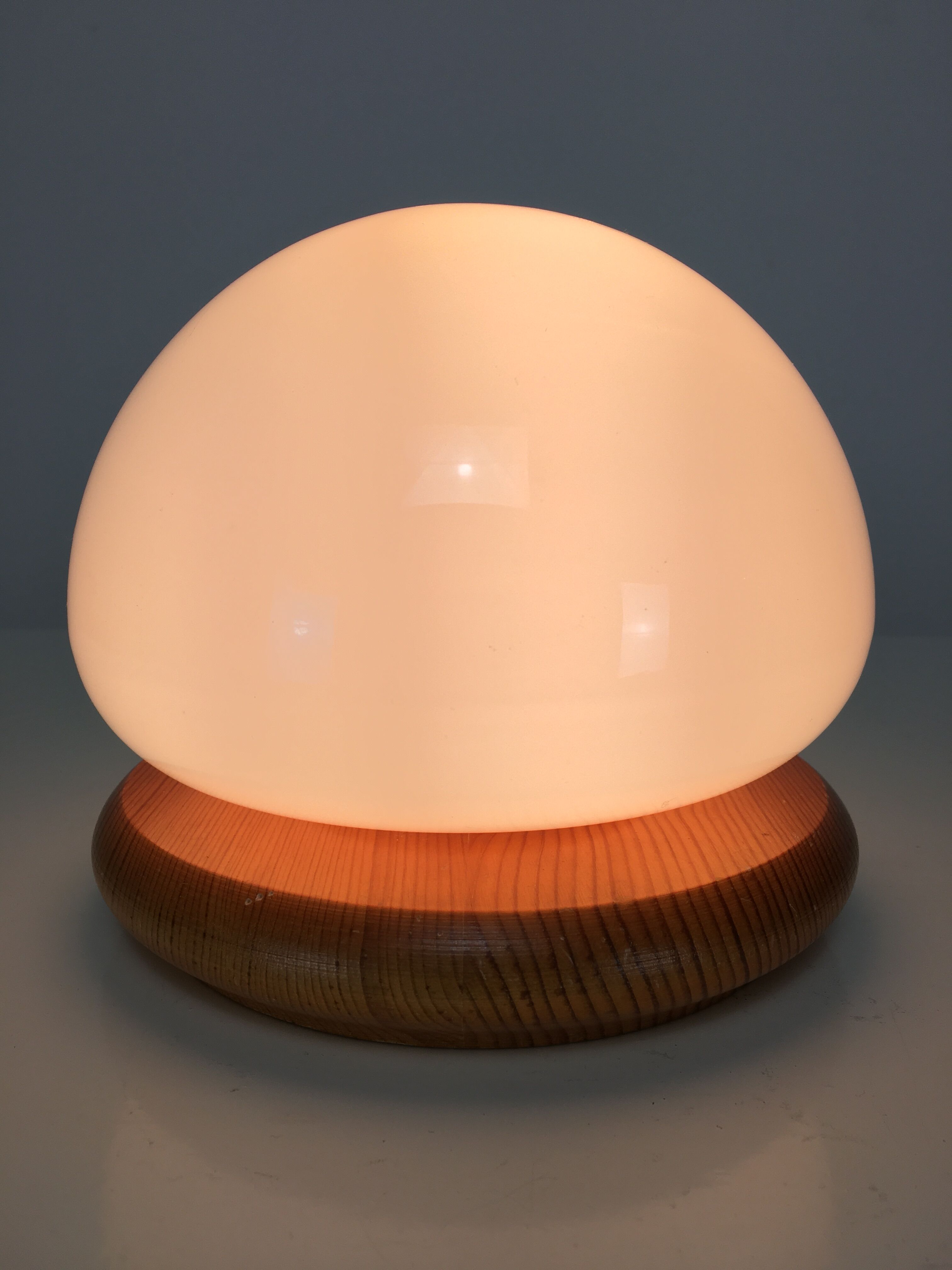 Mushroom lamp, white opaline on pine base
