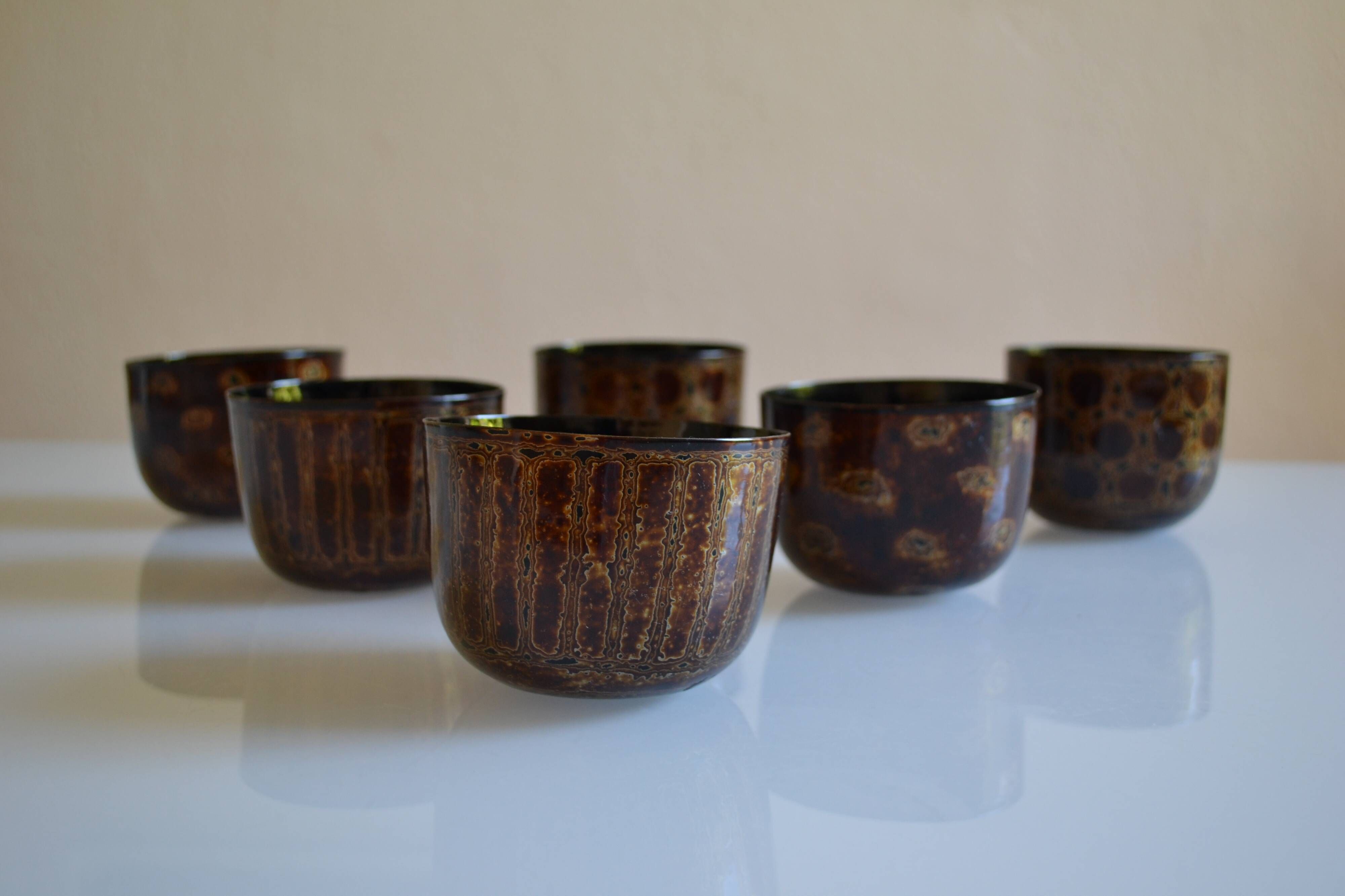 Set of 6 traditional bowls Burmese craftsmanship lacquered bamboo horsehair