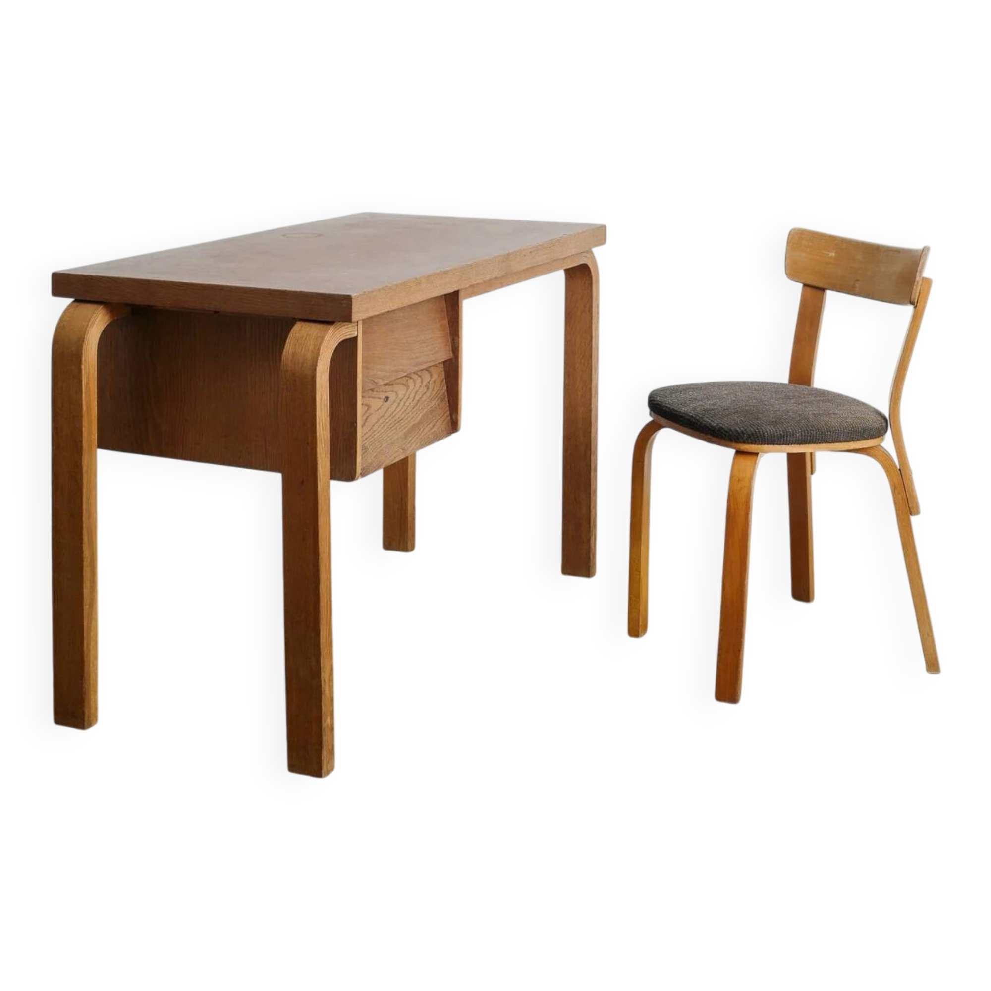 Early Vintage Finnish Mid Century Alvar Aalto Wooden Desk & Chair, 1940s